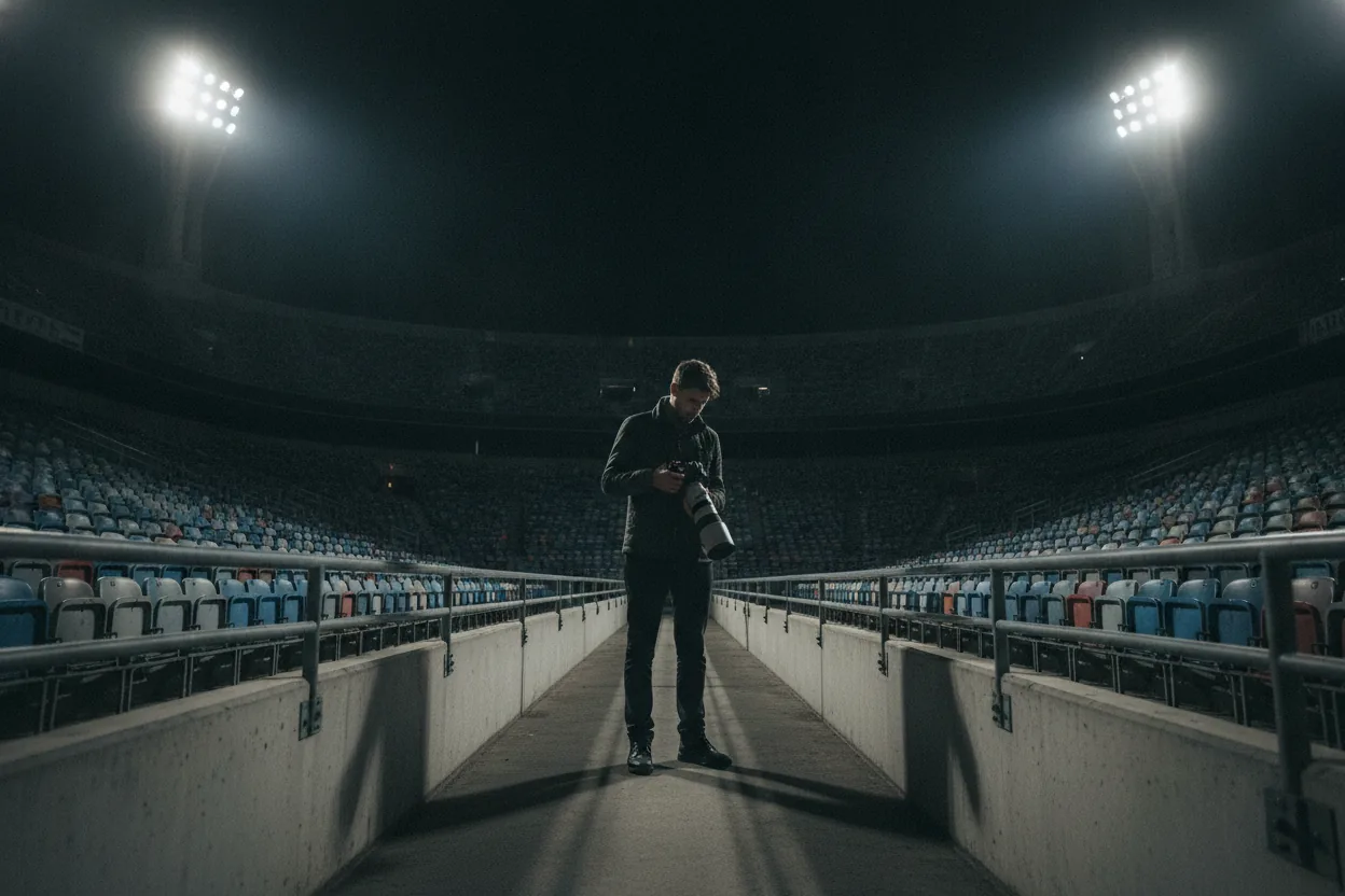 A person with a camera stands in an empty sports stadium, looking down at the field.