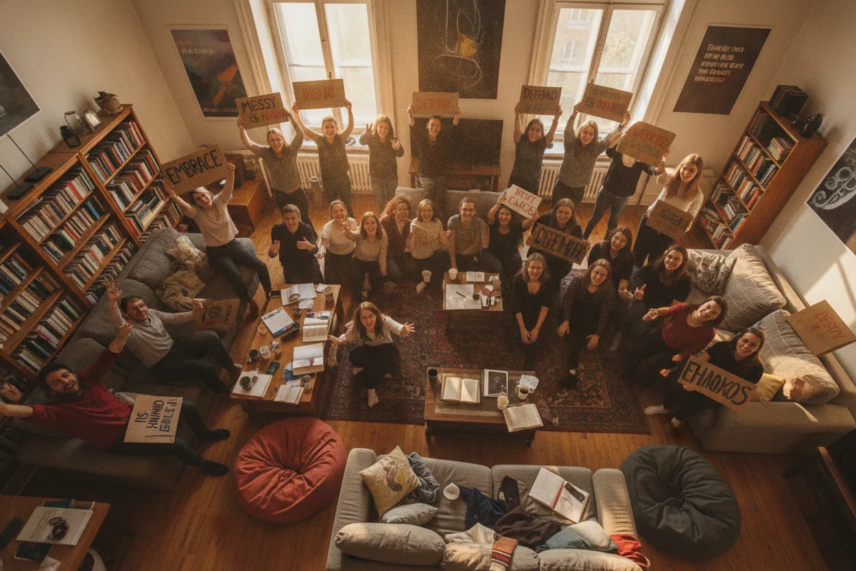 Overhead view of a lively gathering in a living room with participants displaying placards supporting complex heroines.