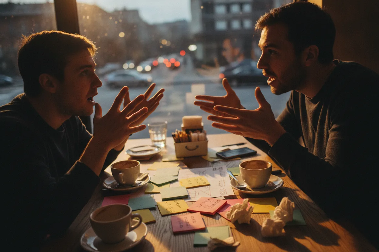 Two people engaged in an animated discussion at a table littered with notes and coffee cups.