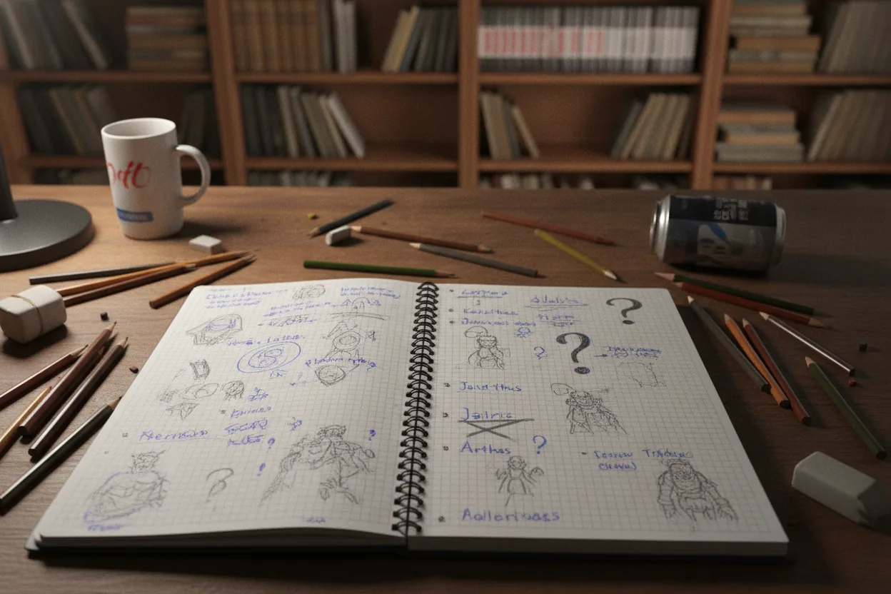 A spiral notebook on a table with sketches and notes, surrounded by pencils, under dim lighting with bookshelves in the background.