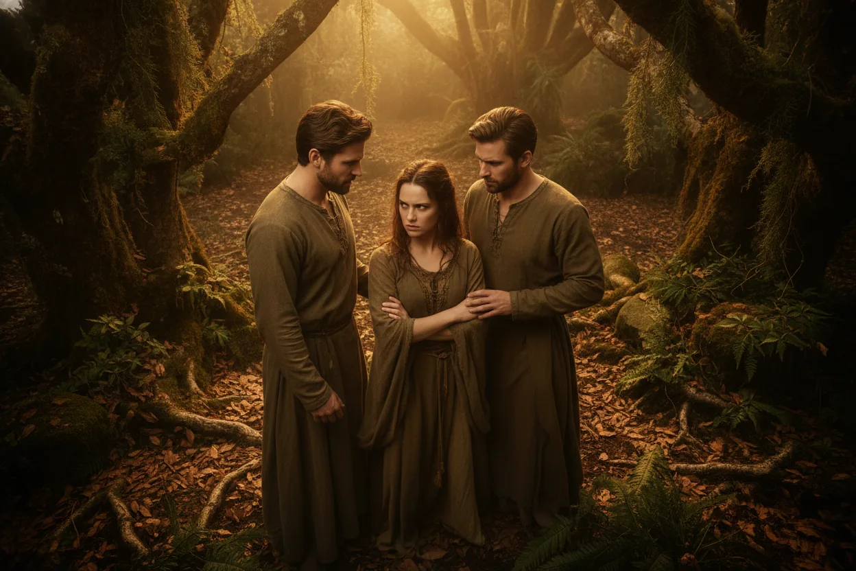 Three figures in a forest glade, displaying a mix of hostile and affectionate expressions.