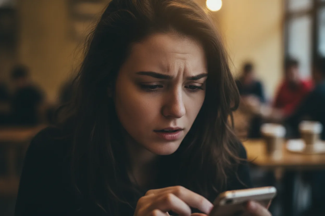 Close-up of a woman’s face, eyes focused on her phone with a frustrated expression, in a blurred coffee shop.