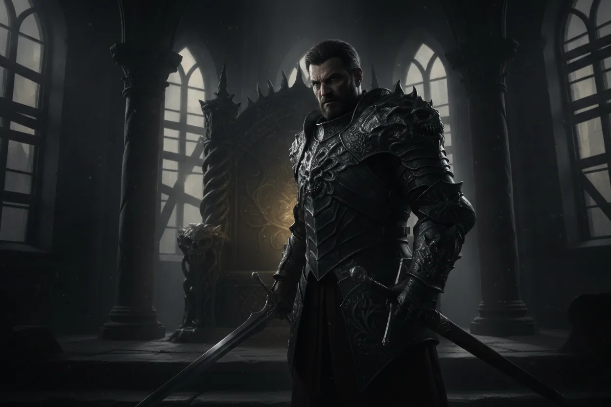 A man in dark armor stands in a shadowy throne room, with a sword at his side, looking contemplative.