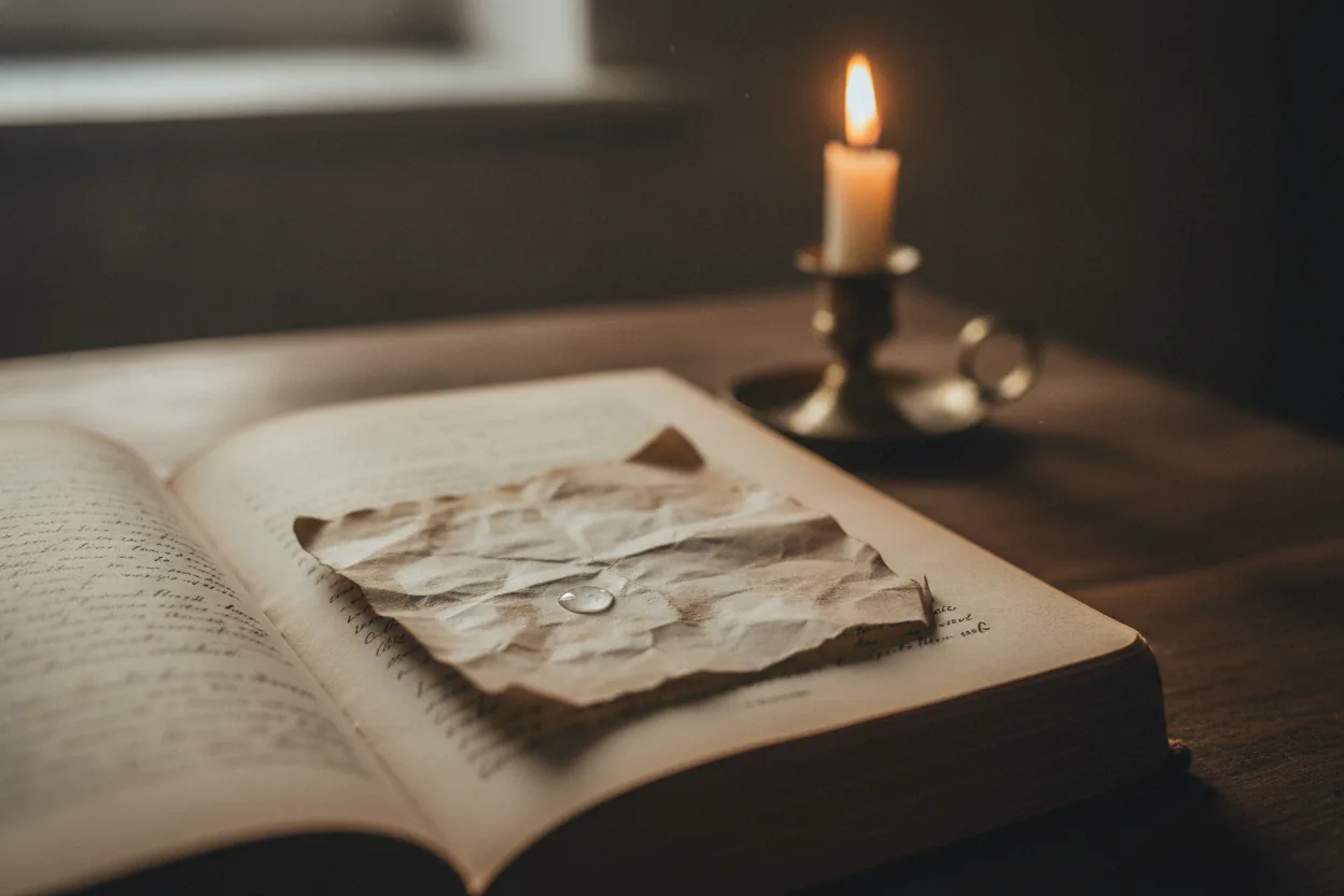 Close-up of an open book with a tear-stained sheet of paper between the pages, on a wooden table.